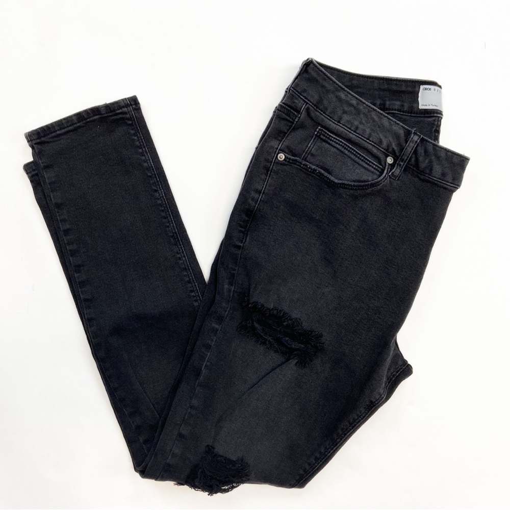 ASOS Design High Rise Destroyed Skinny Leg Ripped Factory Faded Designer Jeans - Picture 16 of 16